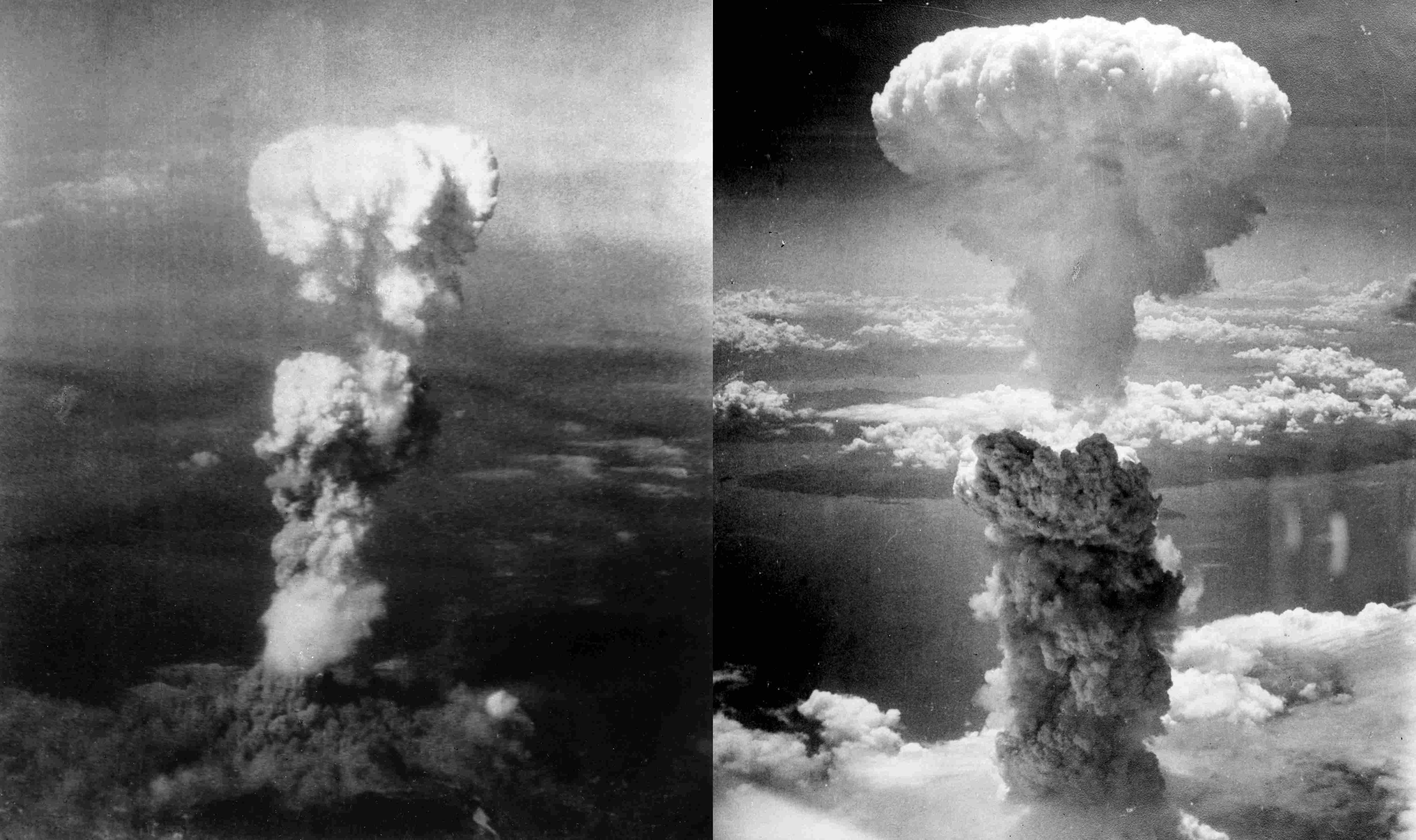 Die Atombombenabwürfe über Nagasaki (rechts) und HIroshima (links) forderten Hunderttausende Menschenleben. (Bild: Binksternet)