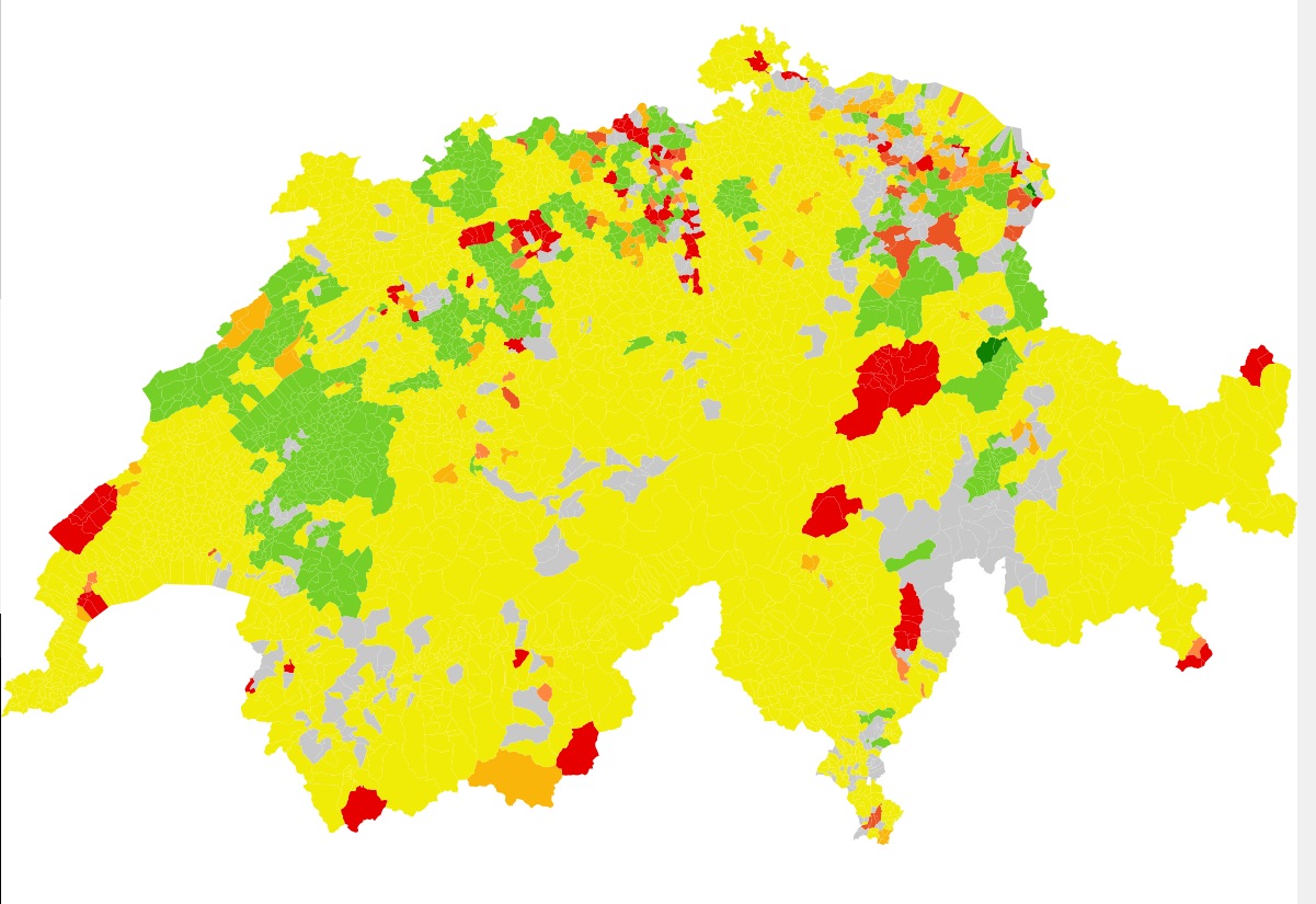 Die Stromlandschaft Schweiz, von www.mynergie.ch graphisch aufbereitet und bewertet, hellgrün und grün spiegeln die Spitzenreiter.